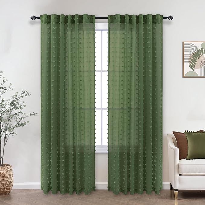 KOUFALL Dark Olive Green Boho Curtains - Image 2