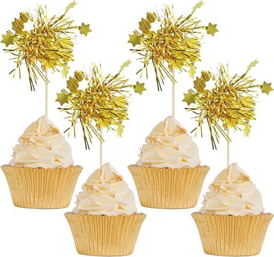 Gyufise 30Pcs Star Foil Firework Cupcake Toppers Sparkle Tinsel Cake Toppers by Gyufise