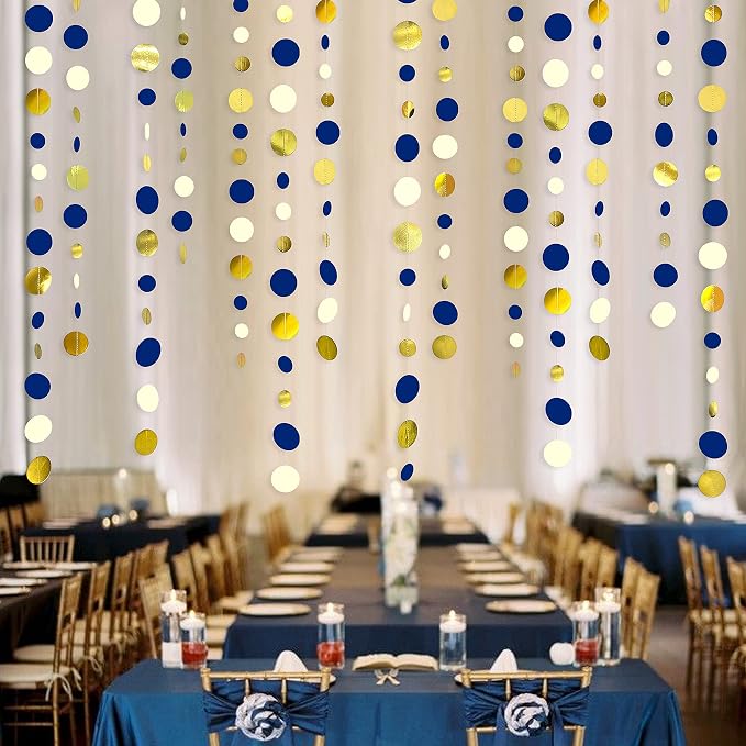 Navy Blue and Gold Circle Dots Garland Royal Blue Hanging Paper Polka Dot - Image 3