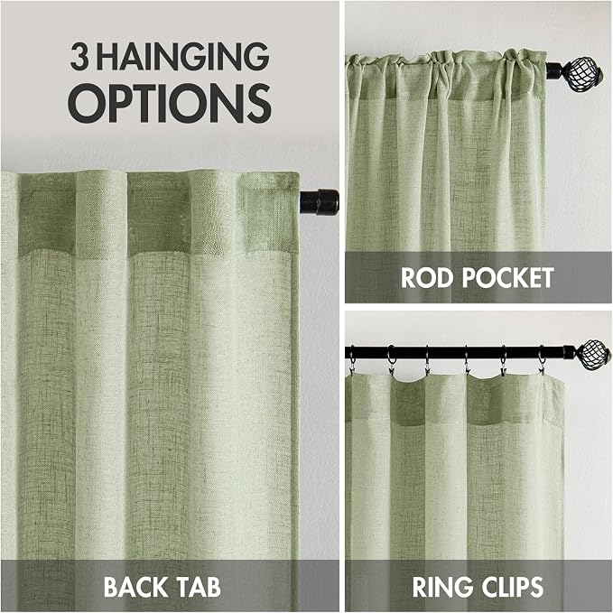MIULEE Sage Green Linen Curtains 52x90 Inch Long - Image 3
