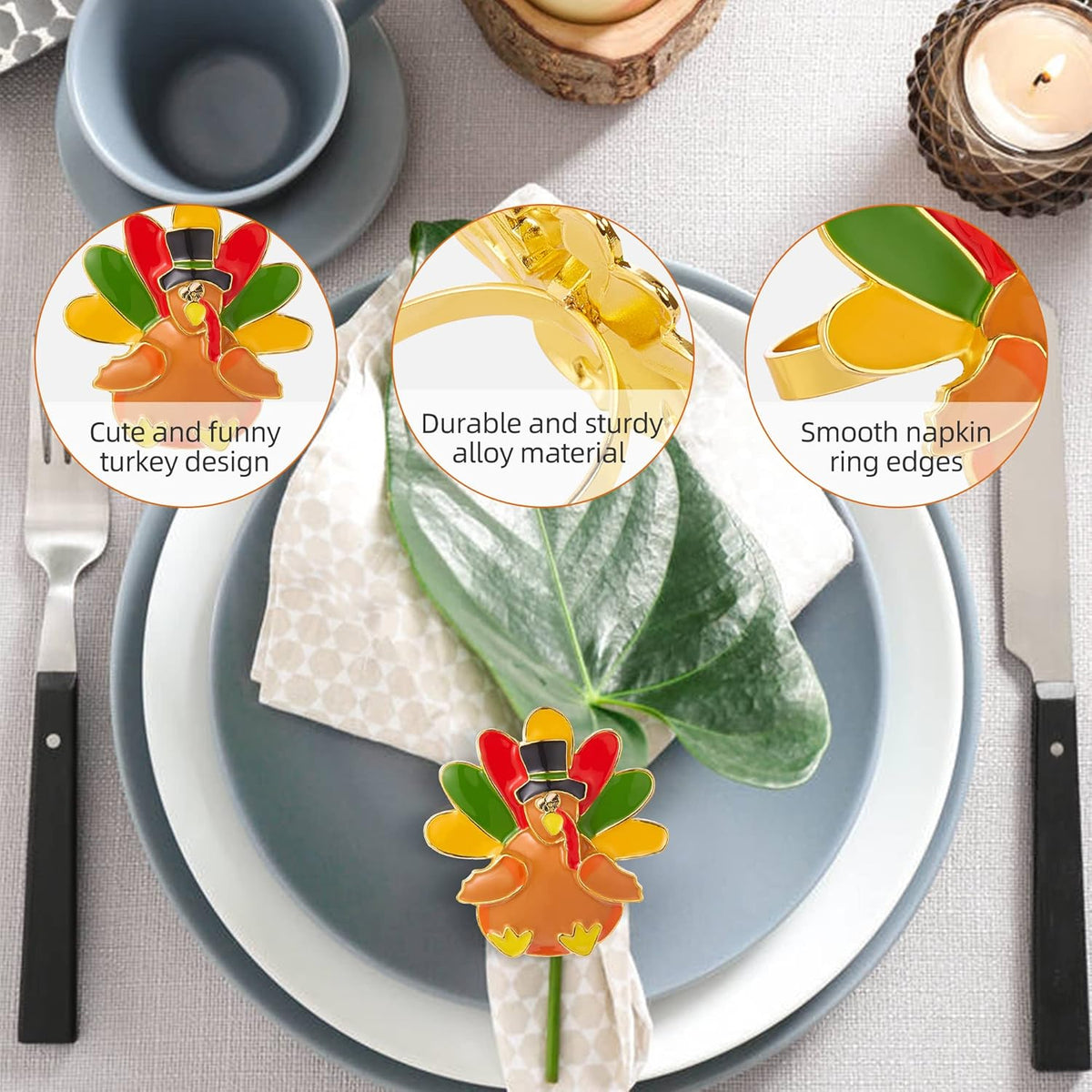 Halatool Thanksgiving Turkey Napkin Rings Set of 12, Alloy Fall Napkin Rings Dinner Tables Holders for Thanksgiving Weddings Holidays Gathering Dinner Party Decorations