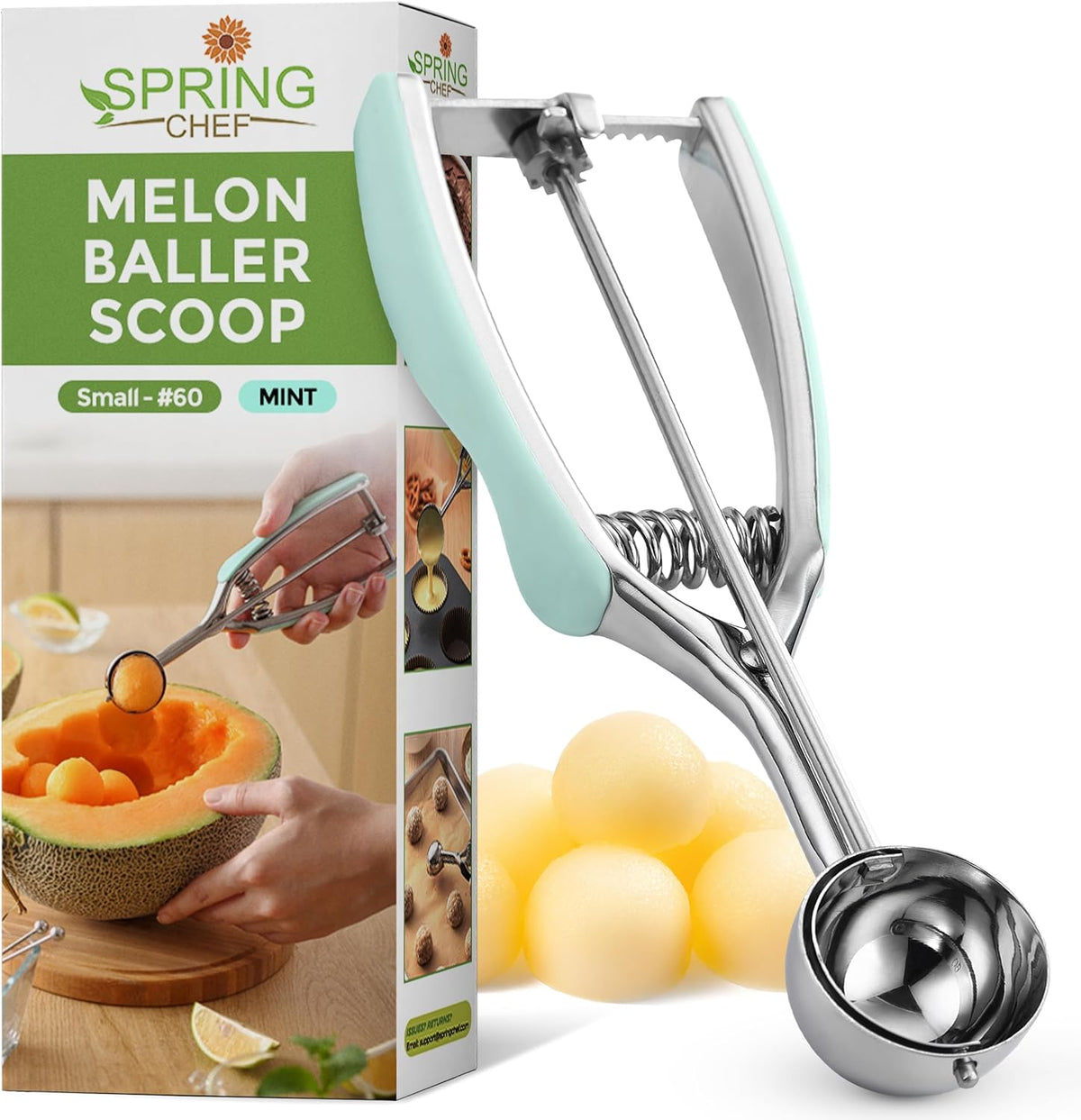 Spring Chef - Mint Small Cookie Scoop for Baking, Multifunctional #60 Melon Baller with Trigger Release for Watermelon, Ice Cream, Protein Ball, Stainless Steel Scooper, 1 Tbsp Cookie Dough Scoop