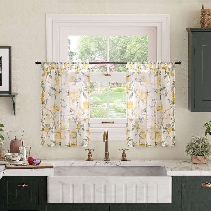 Kitchen Curtains 24 Inch Length 2 Panels, Floral Patterned Semi Sheer Light by Lajode