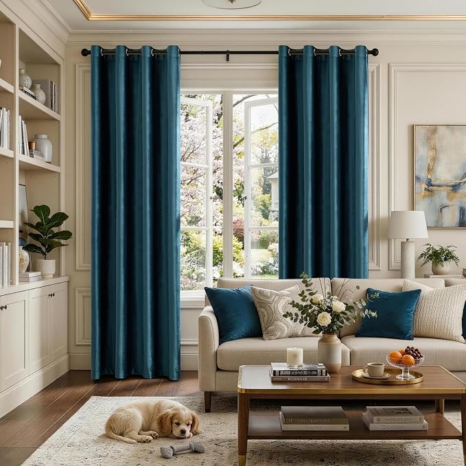 Velvet Peacock Blue Blackout Curtains 108 inch Length - Image 2