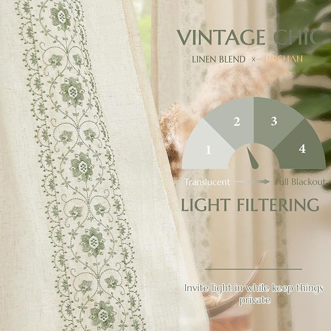 jinchan Green Floral Embroidered Linen Kitchen Curtains 54×45 Inch 2 Panels | - Image 6