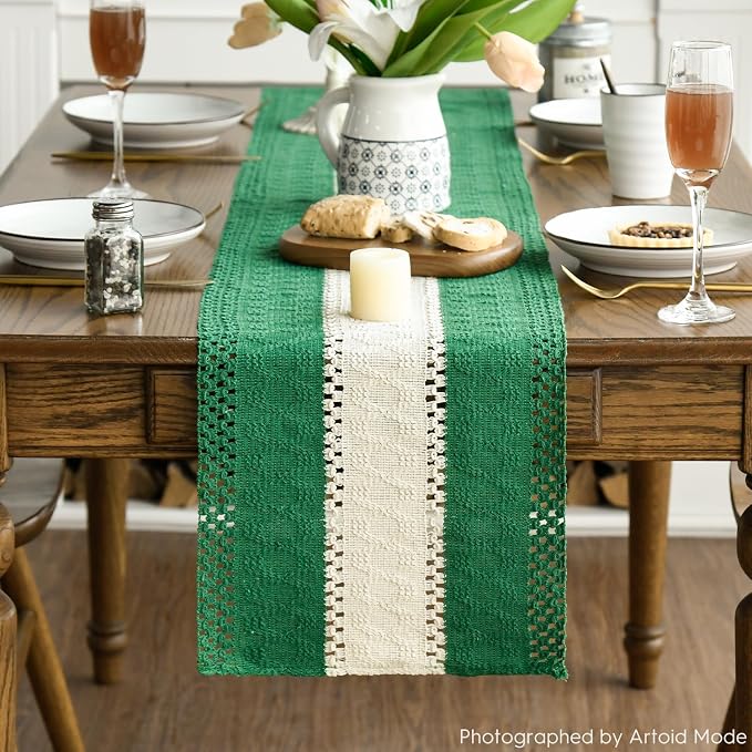Artoid Mode Emerald Green Farmhouse Woven Table Runner 12x120 Inch | Holiday - Image 2