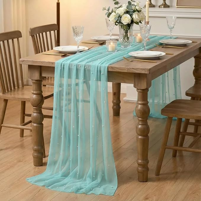Artoid Mode 3PCS Pearl Turquoise Gauze Table Runner 120 Inch 10FT, Seasonal - Image 6
