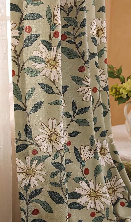 Designer French Green Linen Printed Curtain, 2 Panels, Floral Pattern Home - Image 9