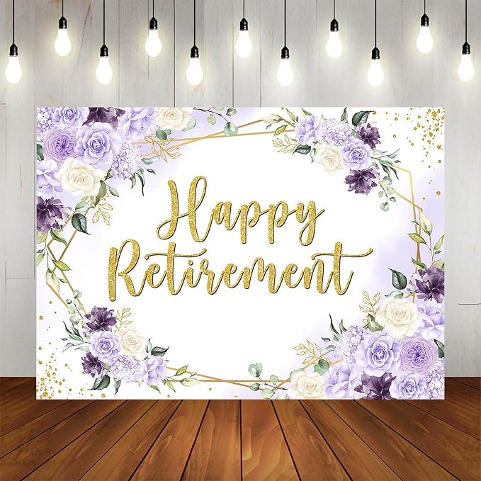 Happy Retirement Backdrop Purple and White Flowers Retirement Party Decorations - Image 5