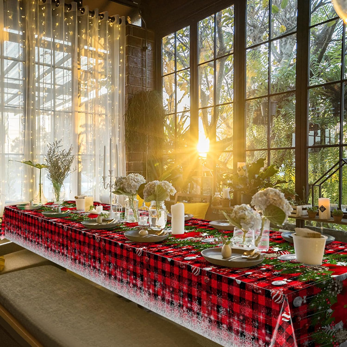 6Pcs Christmas Buffalo Plaid Snowflake Tablecloths,Plastic Red and Black Checkered Rectangle Christmas Tree Color Ball Table Cover for Winter Christmas New Year Holiday Party Decorations,54x108 inch