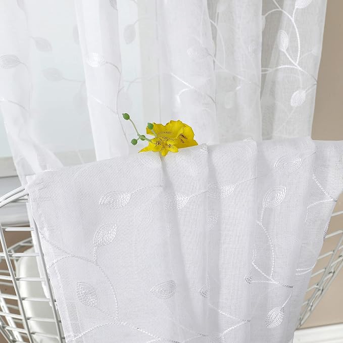 Tollpiz Leaves Sheer Curtains White Leaf Embroidery Living Room Curtain Rod - Image 6