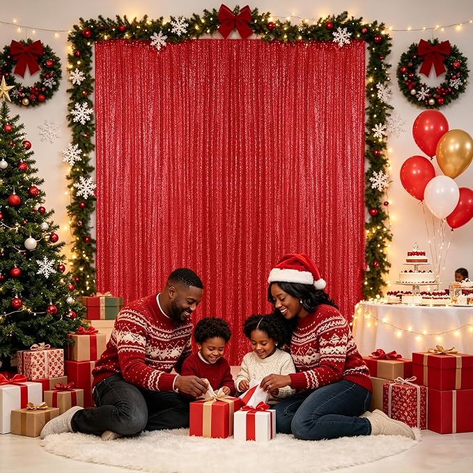 Hahuho Red Sequin Backdrop Curtain, 4 Panels, 2FT x 8FT | Glitter Backdrop - Image 6