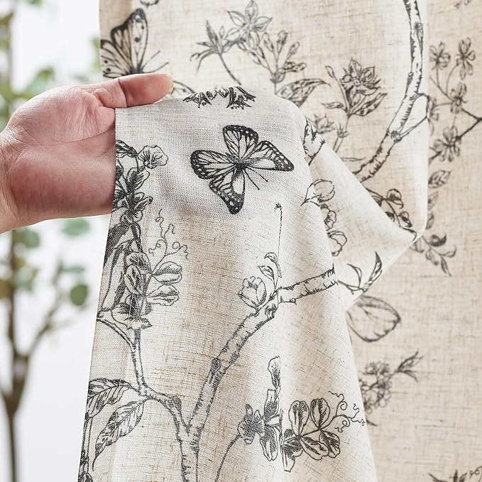 Black Floral Linen Curtains Farmhouse Rod Pocket 50W X 96L 2 Panels | Charlotte - Image 5