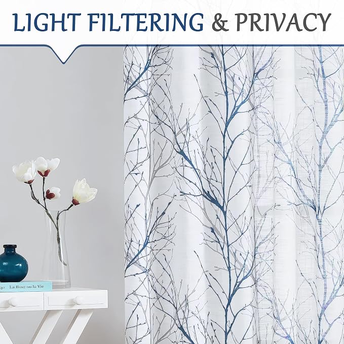 FMFUNCTEX Linen Blue White Semi Sheer Patio Curtains 84 Inch Long 1 Panel | - Image 3