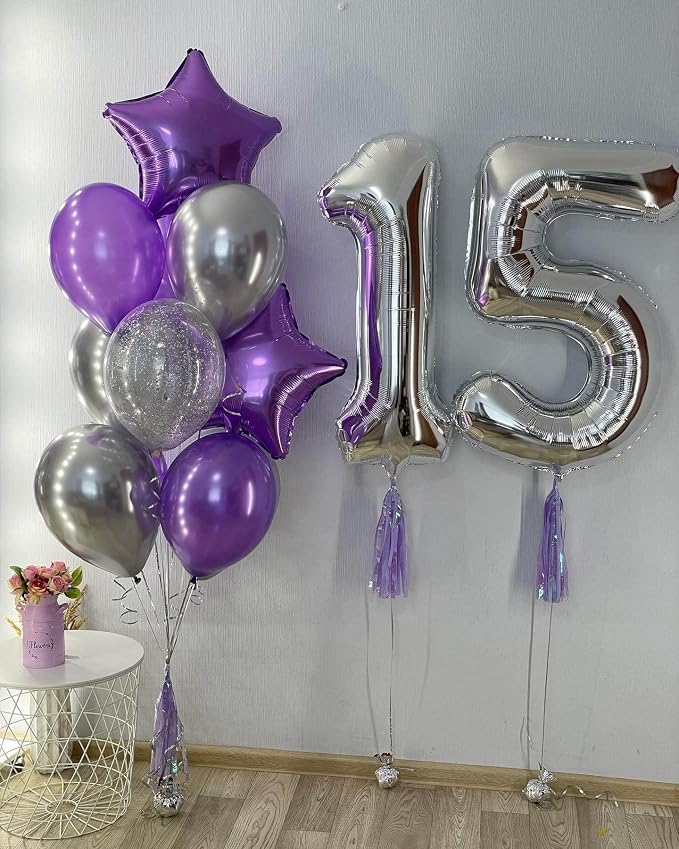 40 Inch Silver 15 Number Balloons Giant 15 or 51 Balloons Silver Birthday 15 - Image 3
