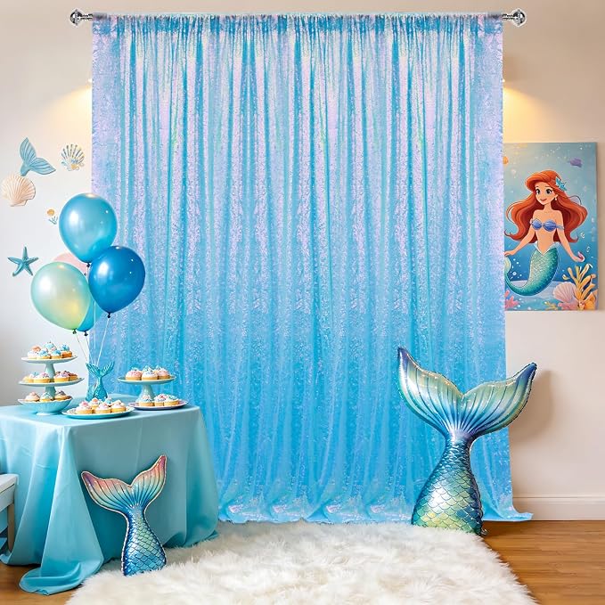 2×8FT-4PCS Mermaid Blue Sequin Backdrop Curtains Panels, Photography Backdrop - Image 2