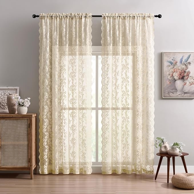 FOLKSIDE Beige Lace Curtains - Image 2