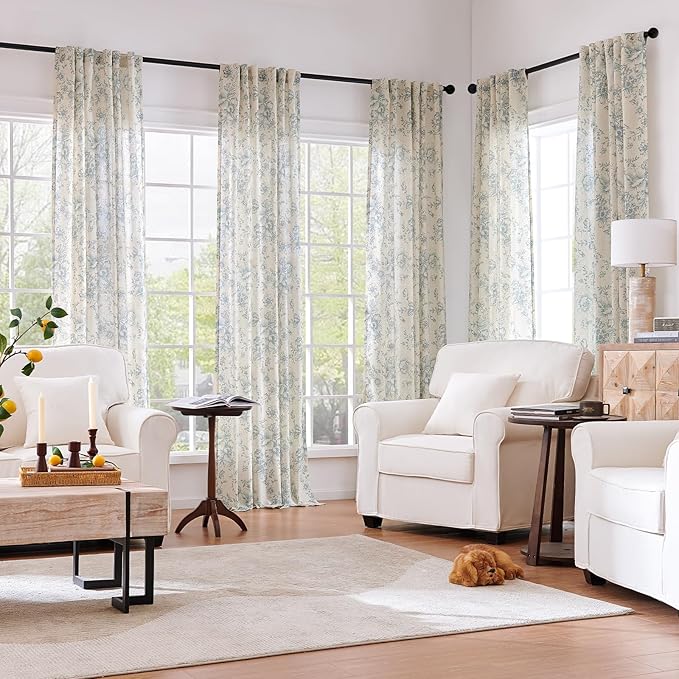 jinchan Blue Floral Linen Curtains 54 Inch Vintage Back Tab 2 Panels | Light - Image 2