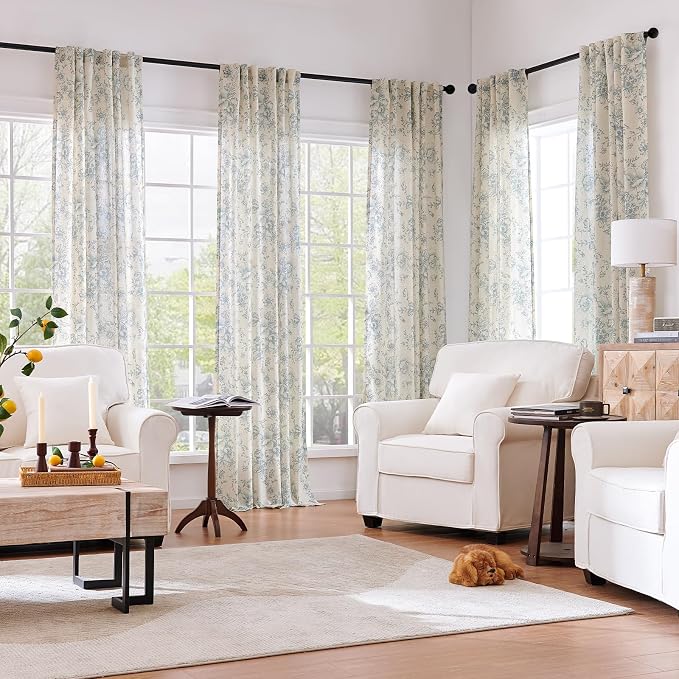 jinchan Blue Floral Linen Curtains 45 Inch Vintage Back Tab 2 Panels | Light - Image 2