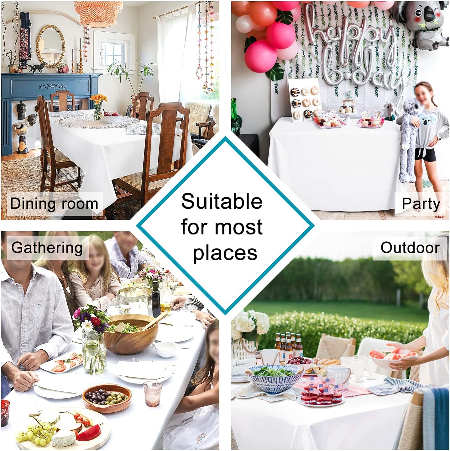 Hiasan White Square Tablecloth - Waterproof and Spillproof Washable Fabric Table Cloth for Dining Room Kitchen, 70 x 70 Inch