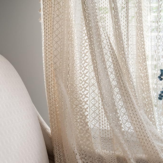 Sutuo Home Beige Boho Lace Sheer Curtains 84 inches Long, Crochet Macrame - Image 2