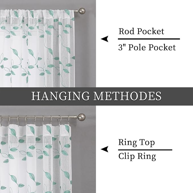 Tollpiz Teal Blue Leaf Sheer Curtain Leaves Embroidered Bedroom Curtains Rod - Image 5