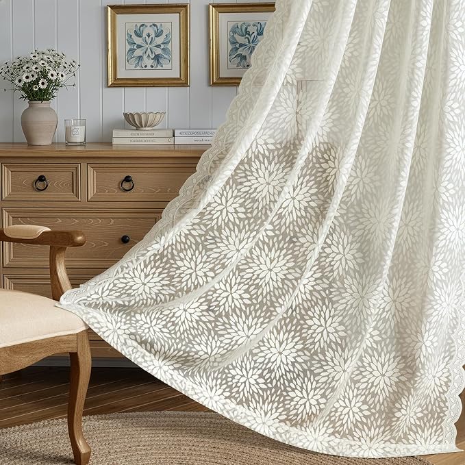 MIULEE Vintage Floral Scalloped Lace Curtains 2 Panels, Ivory 52" W x 36" L | - Image 3