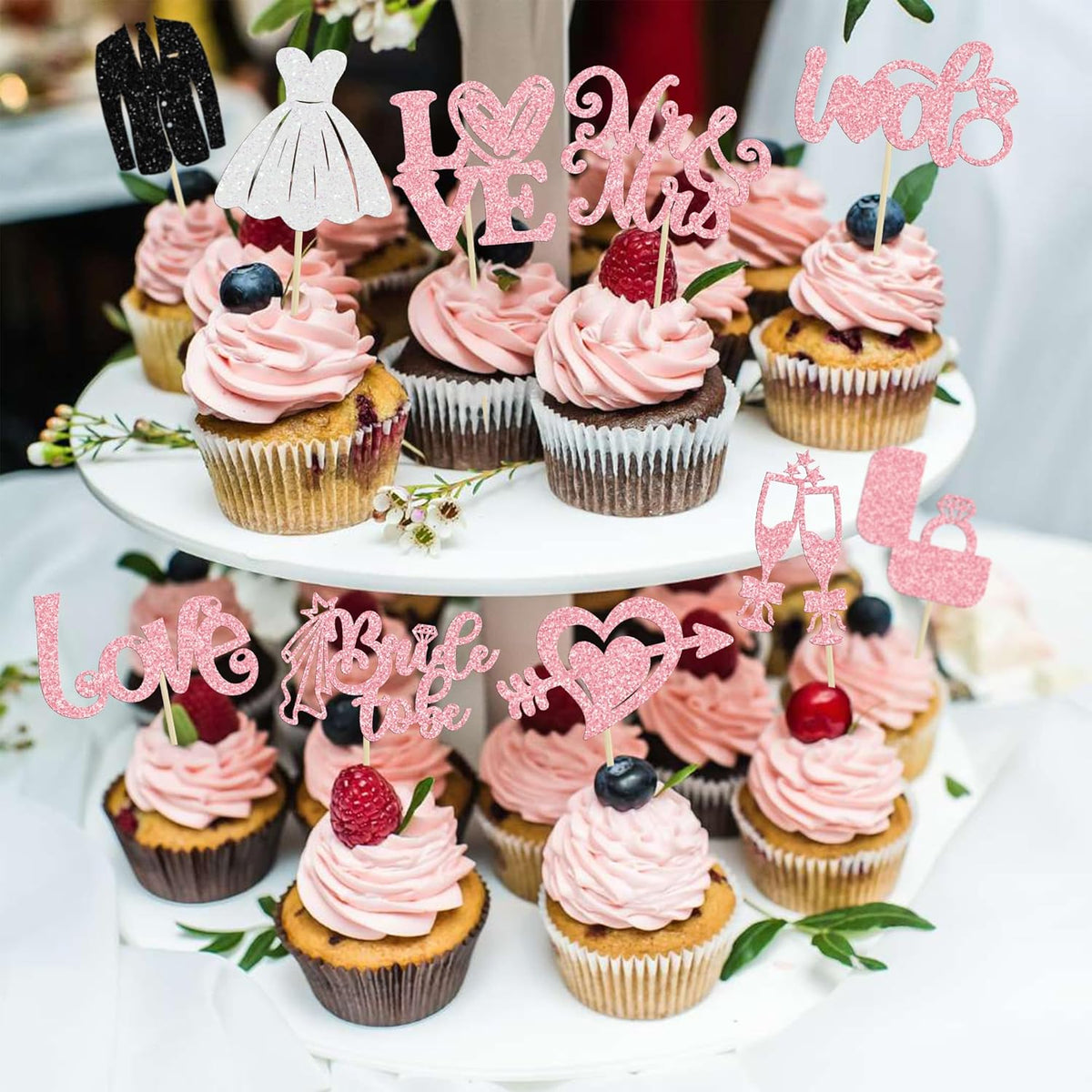 Ephlyn 30Pcs Bride to be Cupcake Toppers Glitter Wedding Cake Topper Decorations I Do Love Heart Ring Cupcake Picks for Bridal Shower Wedding Engagement Party Supplies Pink