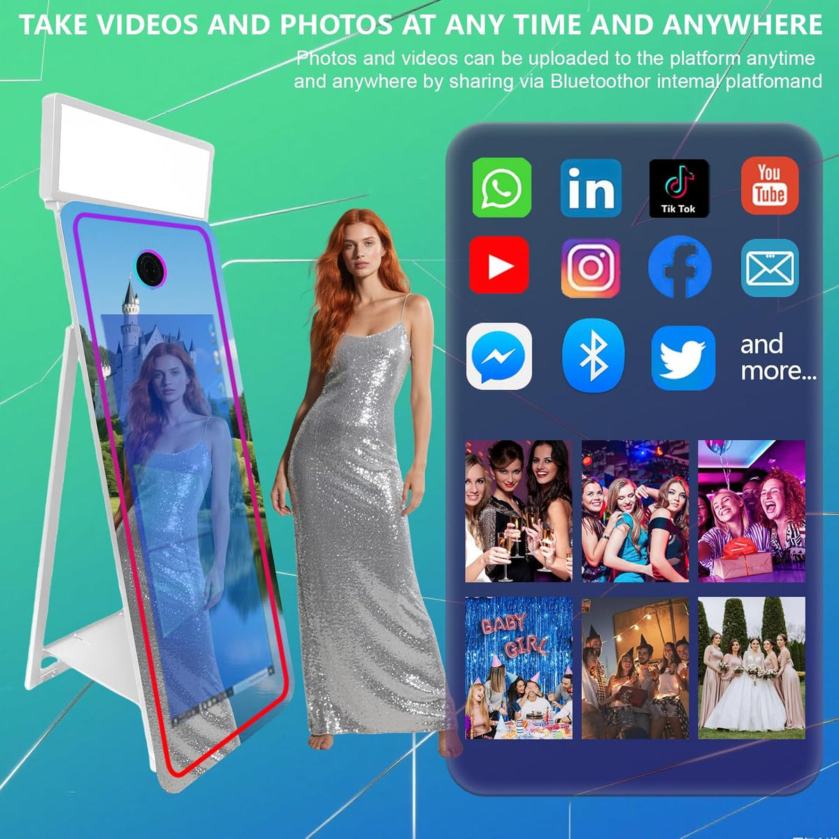 65''Magic Mirror Photo Booth Machine,Mirror Photo Booth 43''Touch Screen,Photo Booth with Flight Case,App Control,RGB Light for Wedding Party Events (White, Machine+Camera+Mini Printer)