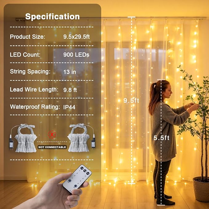 JMEXSUSS 900 LED Curtain Lights, Outdoor String Lights Indoor, 9.5x29.5ft | - Image 6