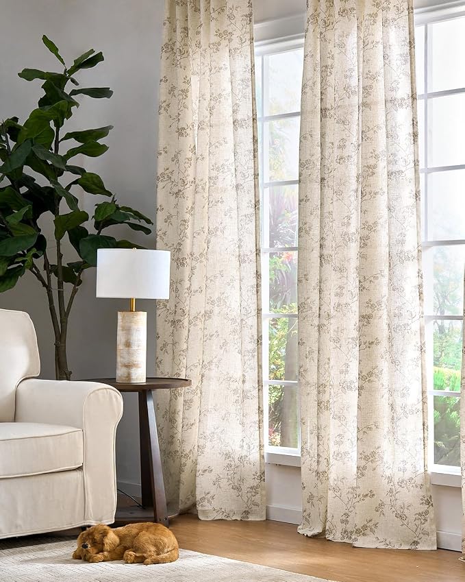 jinchan Taupe Floral Linen Curtains 63 Inch Farmhouse Back Tab 2 Panels | - Image 6