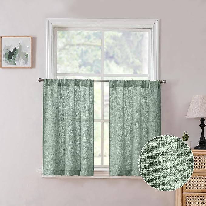 Tollpiz Linen Tier Curtains Rod Pocket Semi Sheer Short Kitchen Curtain Half by Tollpiz