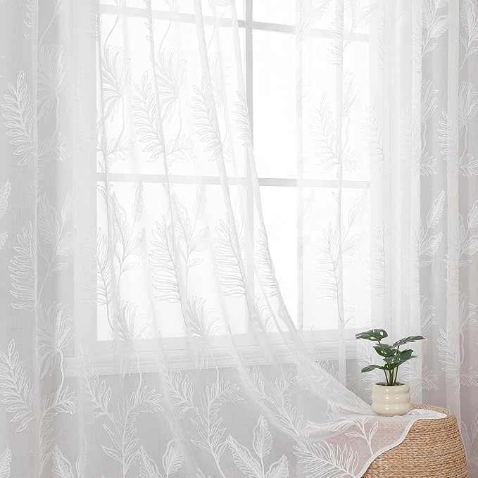 White Sheer Curtains Embroidered Leaf 2 Panels 84 Inches Long | Light Filtering by VISIONTEX