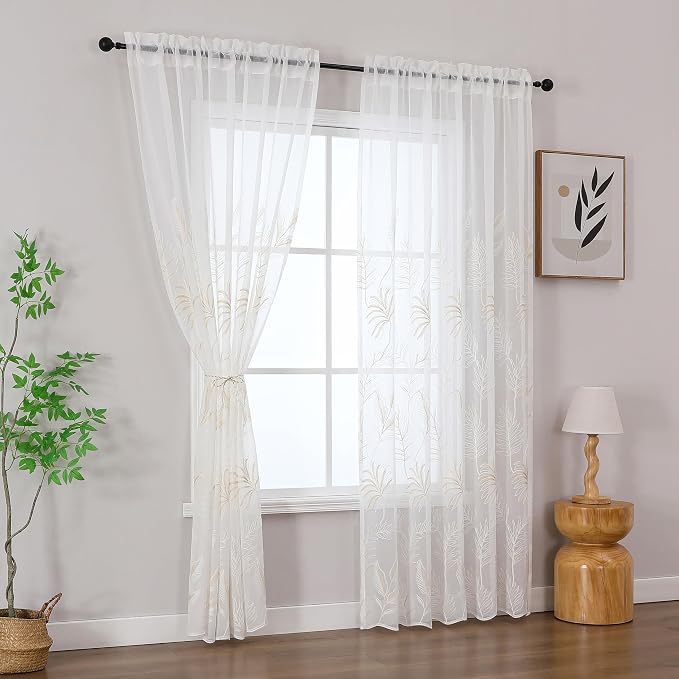 White Sheer Curtains Beige Embroidered Leaf 2 Panels 54 Inches | Light - Image 2