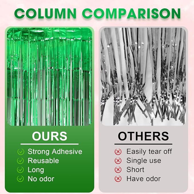 Voircoloria Green Foil Fringe Backdrop Curtains, 2 Pack | Tinsel Streamers - Image 3