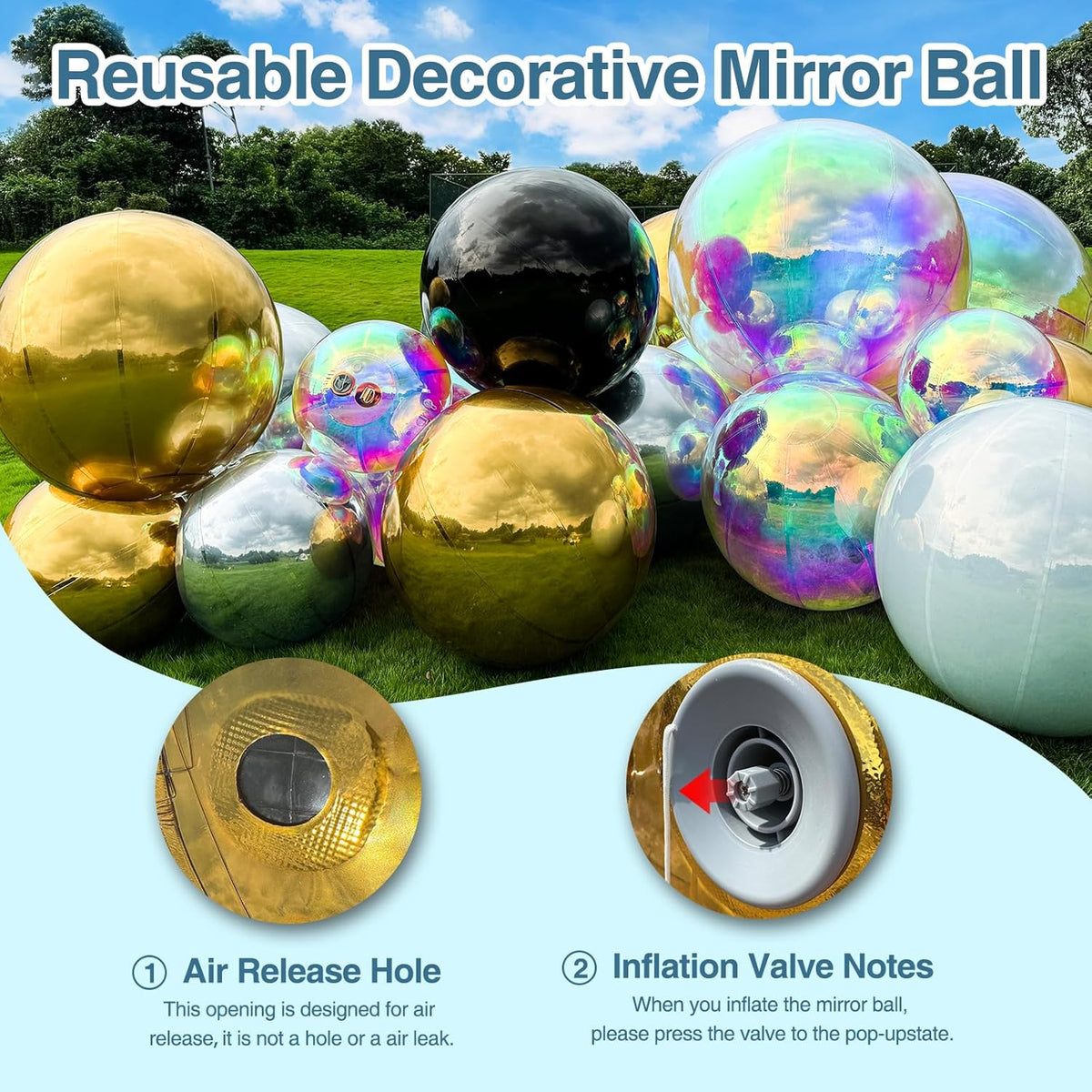 3PCS Iridescent Inflatable Mirror Ball, Big Shinny Balls Reusable Large PVC Disco Ball Balloon for Large Event Decoration, Party, Concerts, Stage, Wedding Decor, Without Air Pump