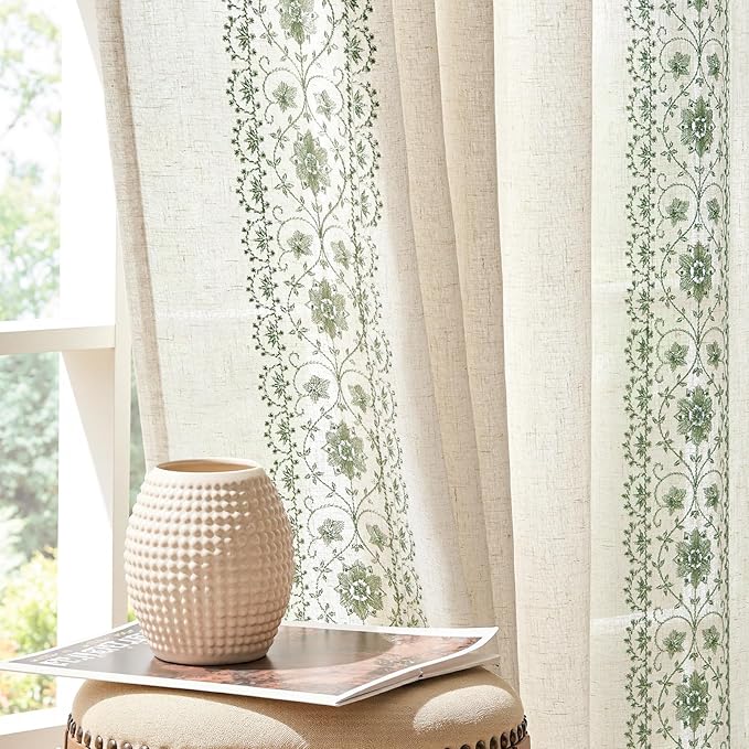 jinchan Floral Linen Curtains Embroidered Back Tab 50x84in 2 Panels Sage | by JINCHAN
