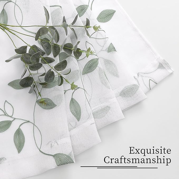 Tollpiz Sage Green Leaf Sheer Curtains Living Room Short 54 x 45 Inches | - Image 7