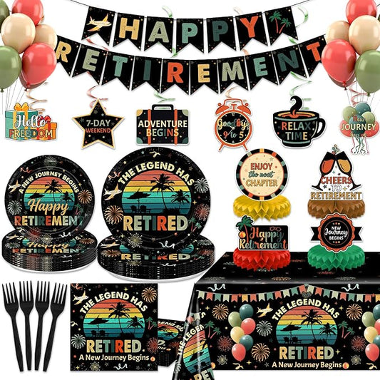 Vintage Retirement Party Decorations Serve 24 | Retirement Plates, Tablecloth by Lecheme