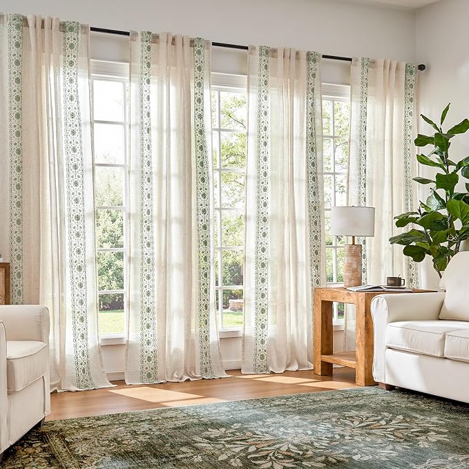 jinchan Floral Linen Curtains Embroidered Back Tab 50x84in 4 Panels Sage | by JINCHAN