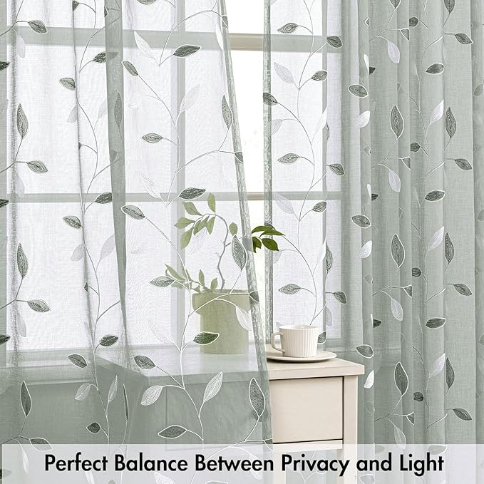 MIULEE Sage Sheer Curtains 2 Panels Embroidered Leaf Patterned, W52 x L96 | - Image 5