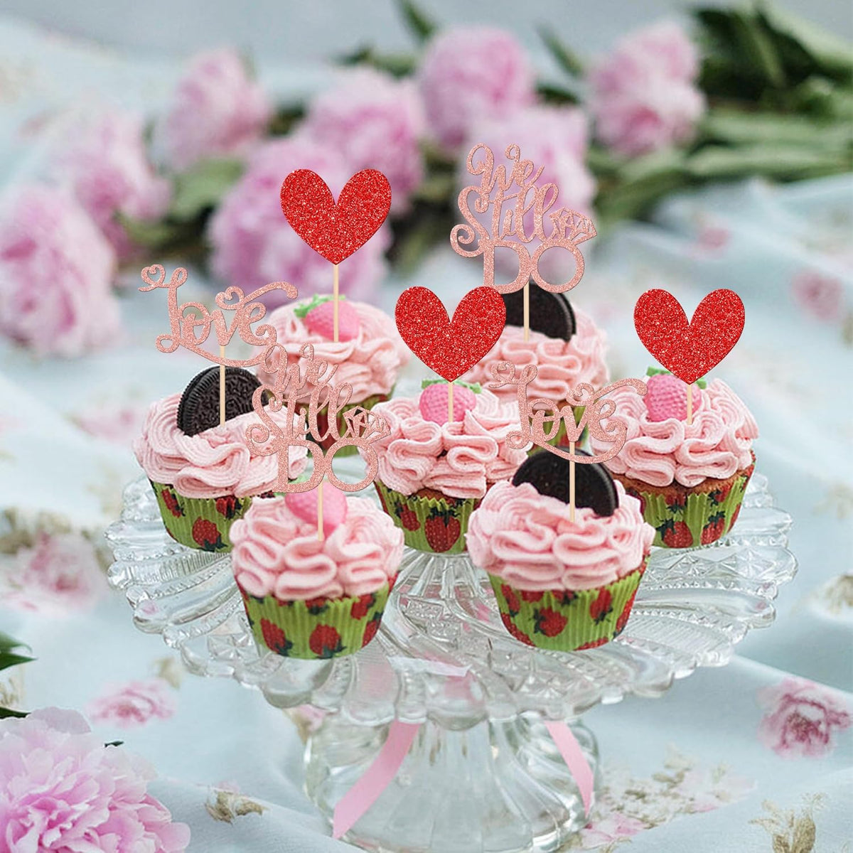 24 PCS We Still Do Cupcake Toppers Glitter Love Heart Bridal Shower Cupcake Picks for Wedding Engagement Bridal Shower Theme Party Cake Decorations Supplies Rose Gold