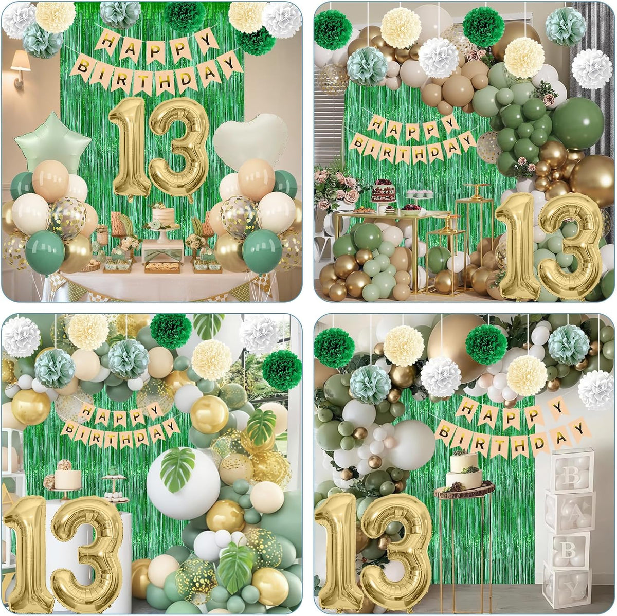 Sage Green 13th Birthday Decorations for Boys Girls Gold Number 13 Balloon Nude Gold Happy Birthday Banner Fringe Curtain Paper Pom Poms Olive Green Cream White Sand Star Foil Balloons Party Decor