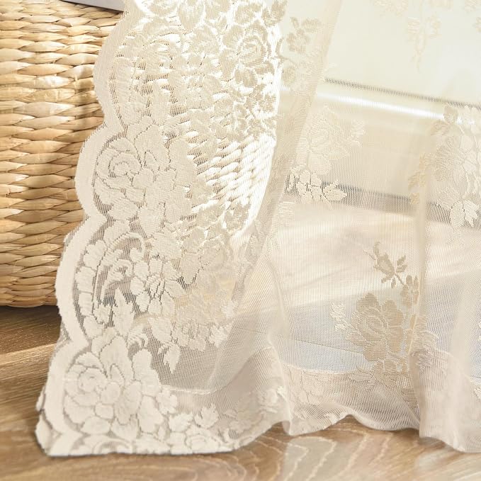 Kotile Beige Lace Curtains for Kitchen Windows W52 x L36 Inch, 2 Panels | Rod - Image 6