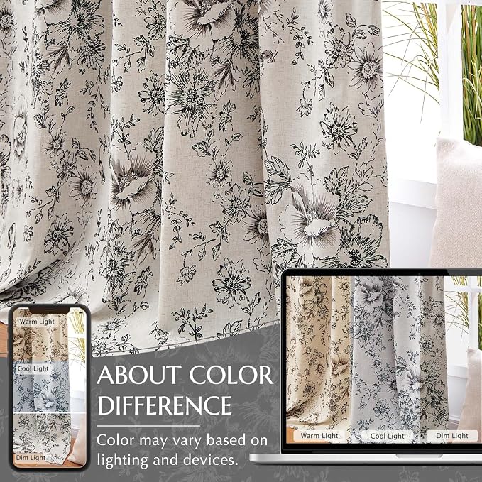 jinchan Black Floral Linen Blackout Curtains 84 Inch Back Tab 2 Panels | - Image 6