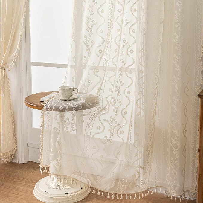 WAZZIO Boho Lace Curtains 2 Panels 102 Inches -Cute Vintage Victorian Sheer - Image 6
