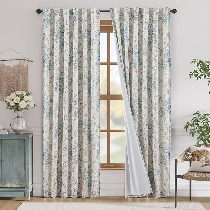 jinchan Blue Floral Linen Blackout Curtains Lined 84 Inch Back Tab 2 Panels | by JINCHAN
