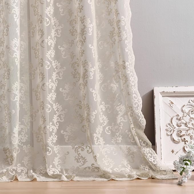 FOLKSIDE Khaki Lace Curtains 84 Inches Long 2 Panels Neutral Paisley Floral - Image 5