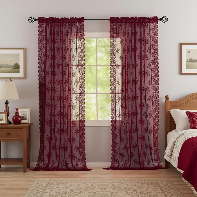 Kotile Burgundy Floral Sheer Curtains - Image 4