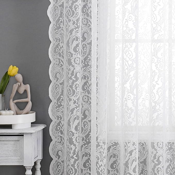 Bujasso White Lace Sheer Curtains 90 inch Vintage Floral Sheer Window Curtain - Image 4